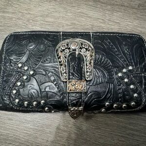 Black Embossed Leather Wallet with Silver Buckle